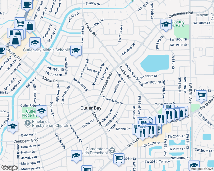 map of restaurants, bars, coffee shops, grocery stores, and more near 9440 Caribbean Boulevard in Cutler Bay