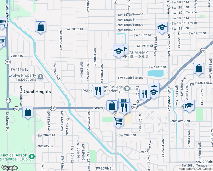 map of restaurants, bars, coffee shops, grocery stores, and more near 19600 Southwest 127th Court in Miami