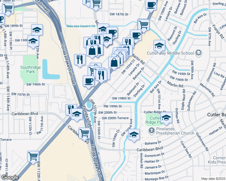 map of restaurants, bars, coffee shops, grocery stores, and more near 19713 Southwest 103rd Court in Cutler Bay