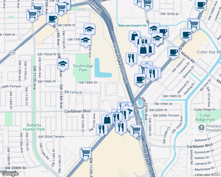 map of restaurants, bars, coffee shops, grocery stores, and more near 11150 Southwest 196th Street in Miami