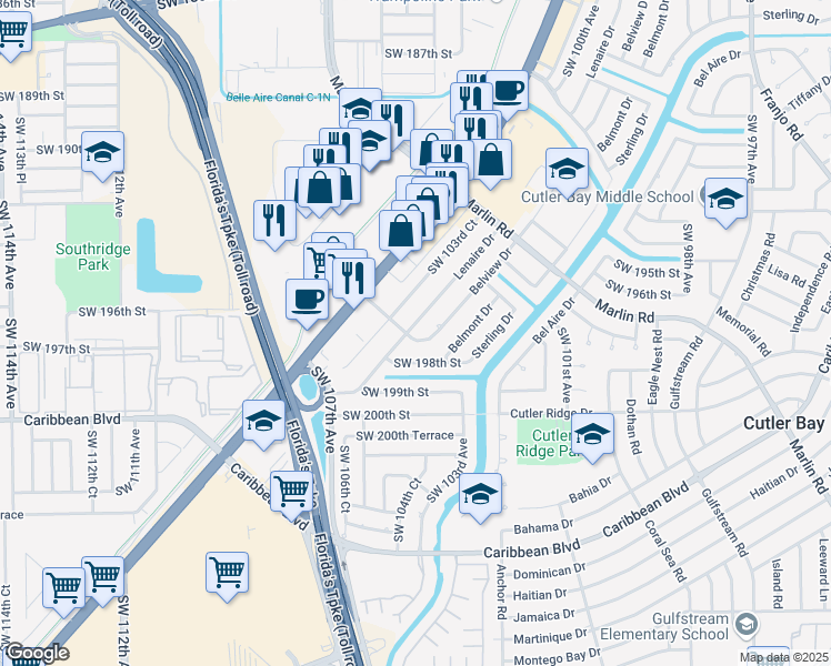 map of restaurants, bars, coffee shops, grocery stores, and more near 19655 Lenaire Dr in Cutler Bay