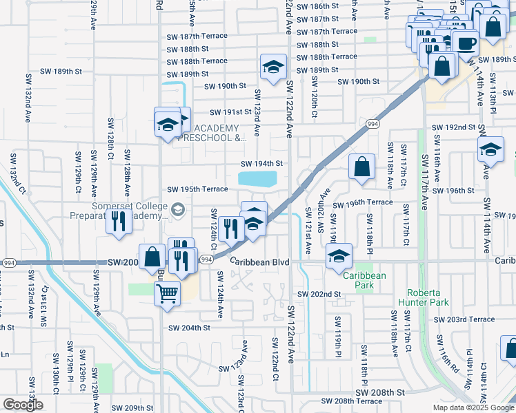 map of restaurants, bars, coffee shops, grocery stores, and more near 19633 Southwest 123rd Avenue in Miami