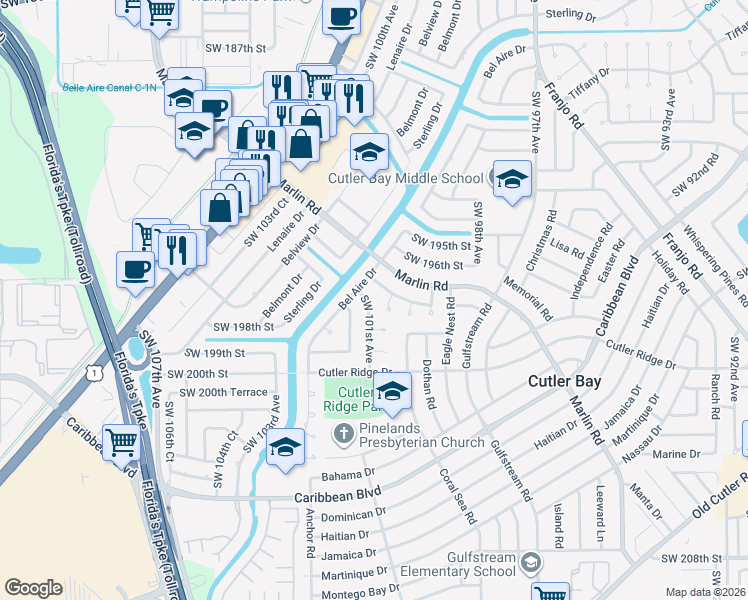 map of restaurants, bars, coffee shops, grocery stores, and more near 19745 Southwest 101st Avenue in Cutler Bay