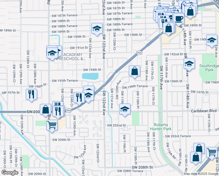 map of restaurants, bars, coffee shops, grocery stores, and more near 19630 Southwest 121st Avenue in Miami