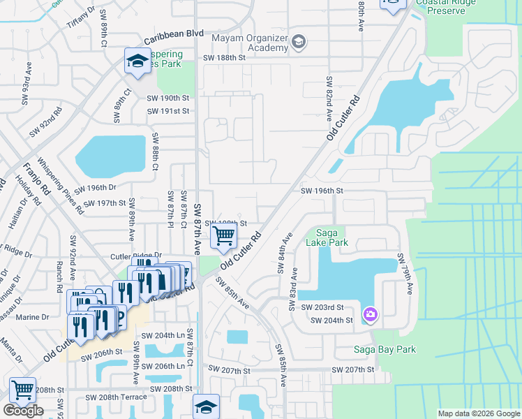 map of restaurants, bars, coffee shops, grocery stores, and more near 19701 Southwest 84th Avenue in Cutler Bay