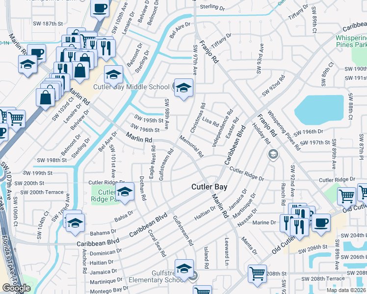 map of restaurants, bars, coffee shops, grocery stores, and more near 9761 Marlin Road in Cutler Bay