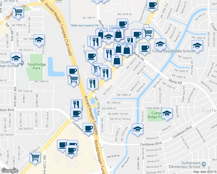 map of restaurants, bars, coffee shops, grocery stores, and more near 19713 Southwest 103rd Court in Cutler Bay