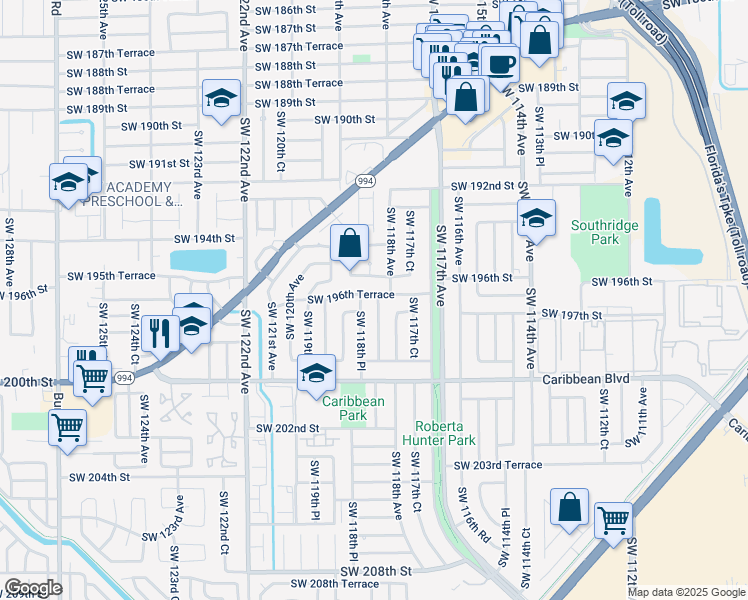 map of restaurants, bars, coffee shops, grocery stores, and more near 19656 Southwest 118th Court in Miami