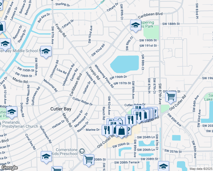map of restaurants, bars, coffee shops, grocery stores, and more near 19711 Franjo Road in Cutler Bay