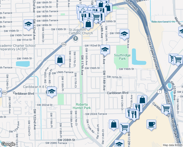map of restaurants, bars, coffee shops, grocery stores, and more near 11480 Southwest 196th Terrace in Miami