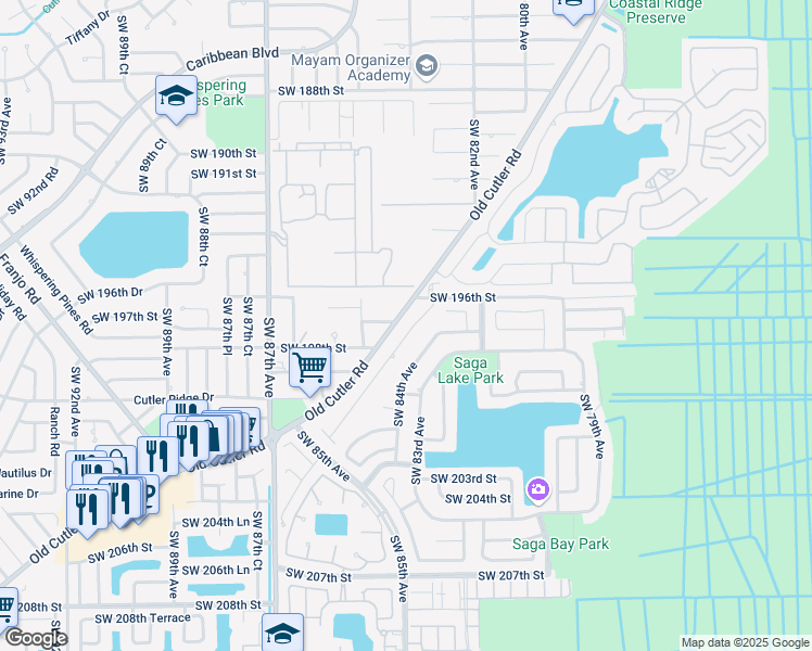 map of restaurants, bars, coffee shops, grocery stores, and more near 19660 Cutler Court in Cutler Bay