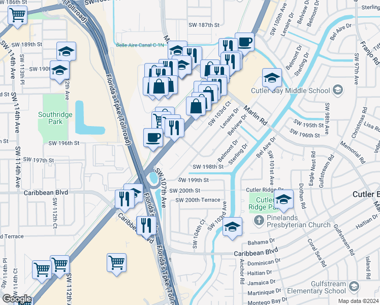 map of restaurants, bars, coffee shops, grocery stores, and more near 19713 Southwest 103rd Court in Cutler Bay