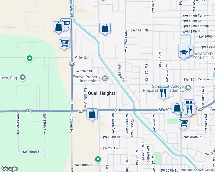 map of restaurants, bars, coffee shops, grocery stores, and more near 19613 Southwest 133rd Court in Miami