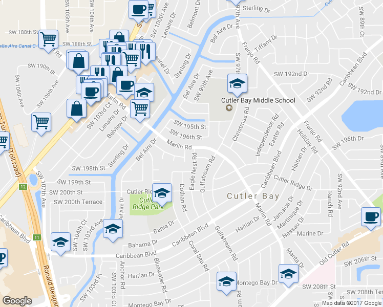 map of restaurants, bars, coffee shops, grocery stores, and more near 19640 Eagle Nest Rd in Cutler Bay