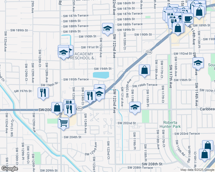map of restaurants, bars, coffee shops, grocery stores, and more near 19545 Southwest 122nd Court in Miami