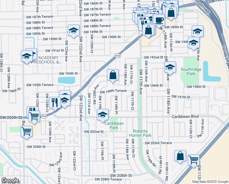 map of restaurants, bars, coffee shops, grocery stores, and more near 19656 Southwest 118th Court in Miami