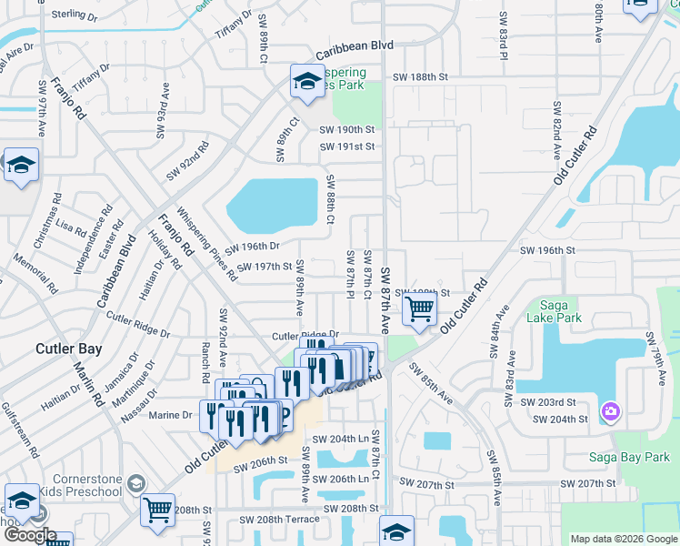 map of restaurants, bars, coffee shops, grocery stores, and more near 19715 Southwest 88th Court in Cutler Bay