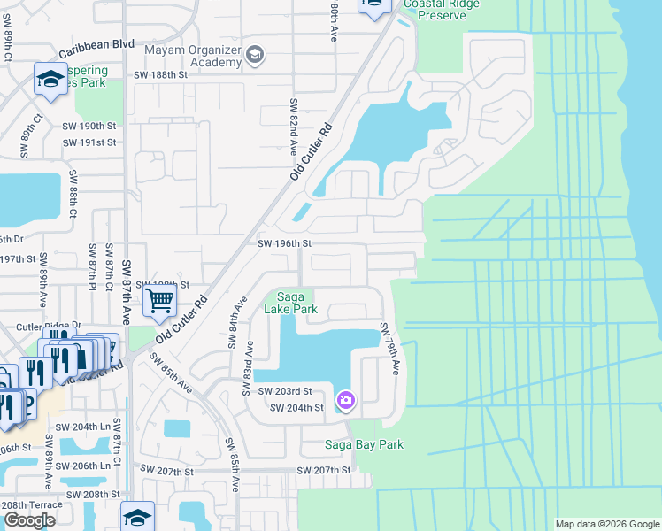 map of restaurants, bars, coffee shops, grocery stores, and more near 8021 Southwest 197th Terrace in Cutler Bay