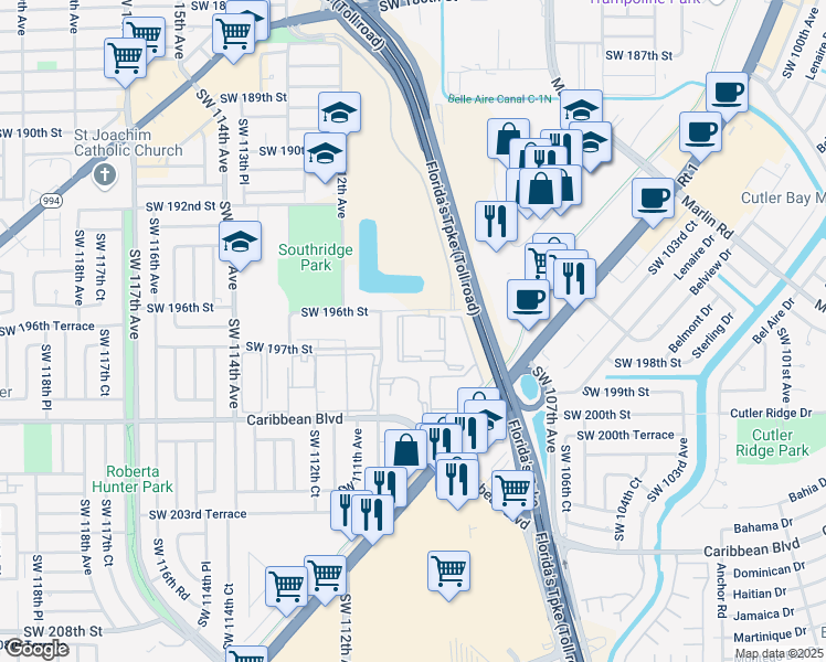 map of restaurants, bars, coffee shops, grocery stores, and more near 11020 Southwest 196th Street in Miami