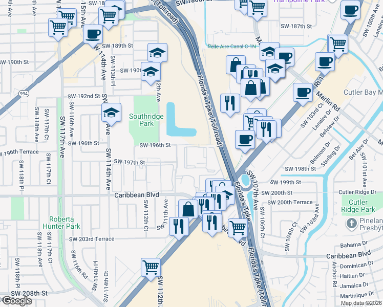 map of restaurants, bars, coffee shops, grocery stores, and more near 11020 Southwest 196th Street in Miami