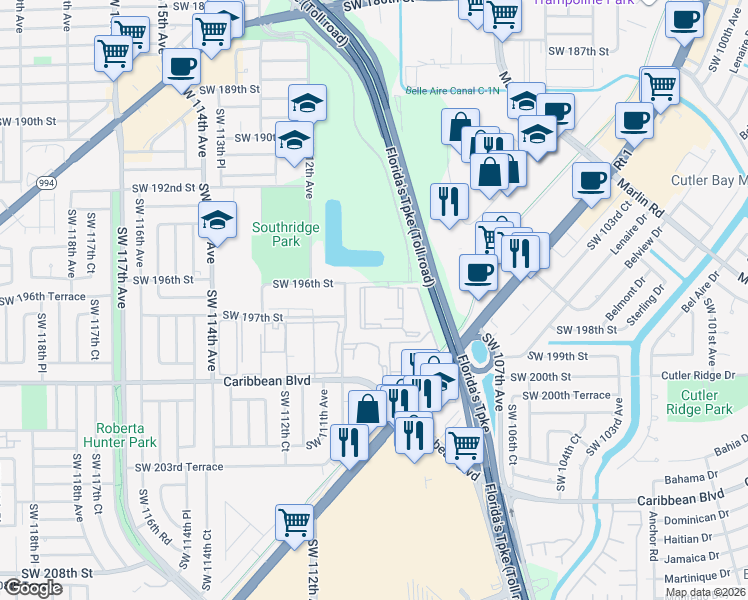 map of restaurants, bars, coffee shops, grocery stores, and more near 11020 Southwest 196th Street in Miami