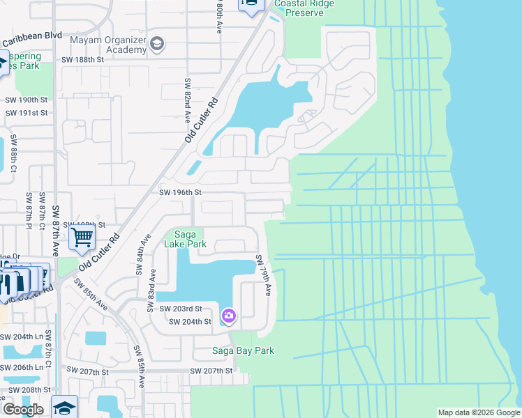 map of restaurants, bars, coffee shops, grocery stores, and more near 7861 Southwest 197th Terrace in Cutler Bay