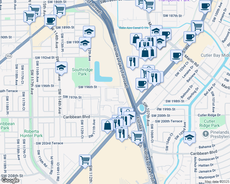 map of restaurants, bars, coffee shops, grocery stores, and more near 11040 Southwest 196th Street in Miami