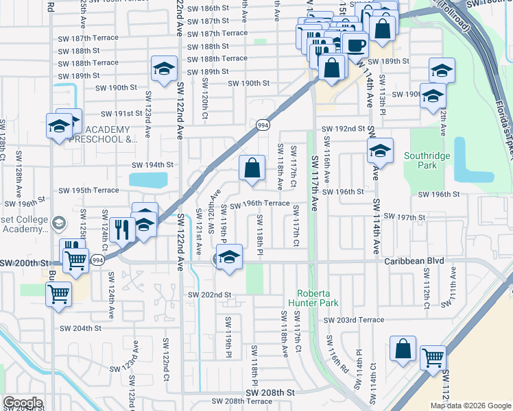 map of restaurants, bars, coffee shops, grocery stores, and more near 19656 Southwest 118th Court in Miami