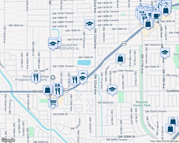 map of restaurants, bars, coffee shops, grocery stores, and more near 19545 Southwest 122nd Court in Miami
