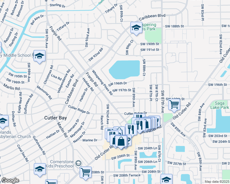 map of restaurants, bars, coffee shops, grocery stores, and more near 9030 Southwest 197th Street in Cutler Bay