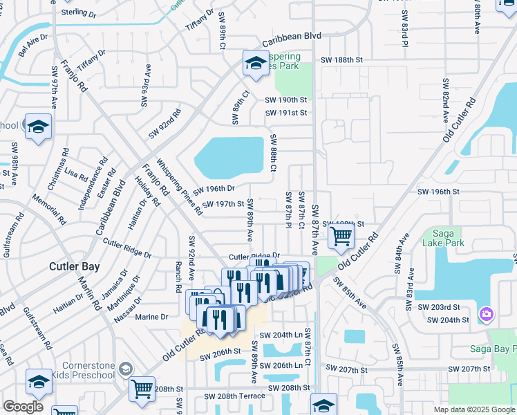 map of restaurants, bars, coffee shops, grocery stores, and more near 8895 Southwest 197th Terrace in Cutler Bay