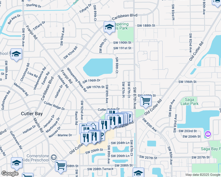 map of restaurants, bars, coffee shops, grocery stores, and more near 8895 Southwest 197th Terrace in Cutler Bay