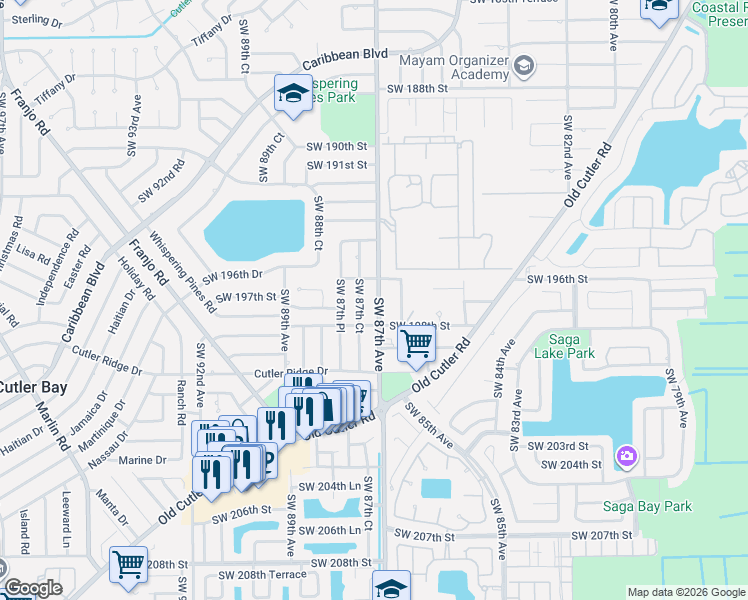 map of restaurants, bars, coffee shops, grocery stores, and more near 19717 Southwest 87th Court in Cutler Bay