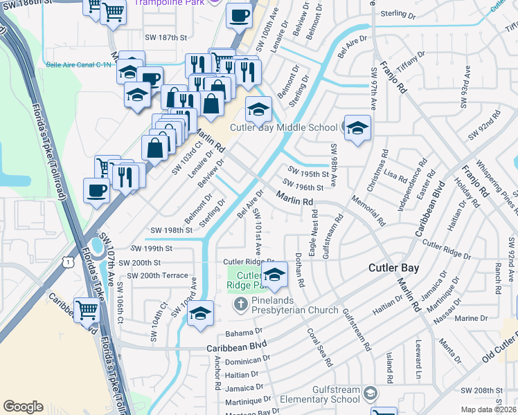 map of restaurants, bars, coffee shops, grocery stores, and more near 19745 Southwest 101st Avenue in Cutler Bay