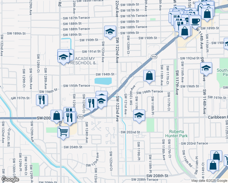 map of restaurants, bars, coffee shops, grocery stores, and more near 19545 Southwest 122nd Court in Miami
