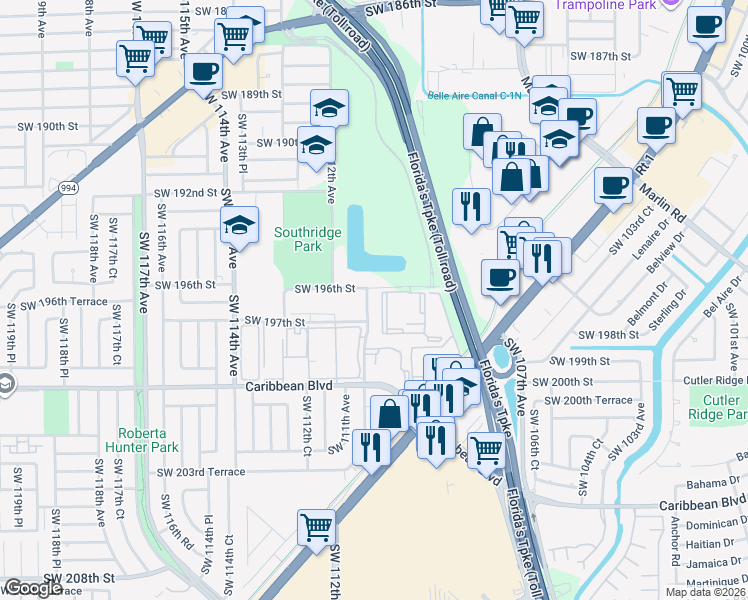 map of restaurants, bars, coffee shops, grocery stores, and more near 11020 Southwest 196th Street in Miami