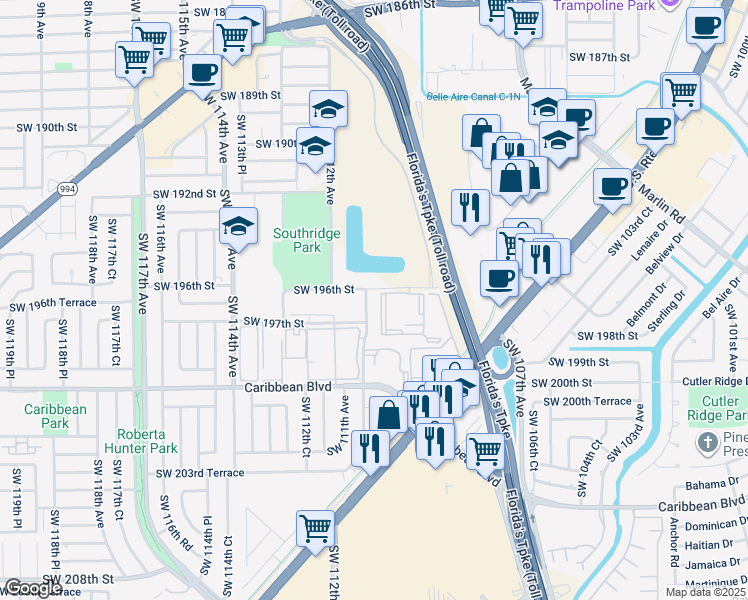 map of restaurants, bars, coffee shops, grocery stores, and more near 11020 Southwest 196th Street in Miami