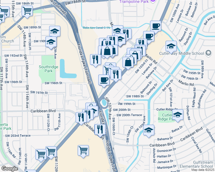 map of restaurants, bars, coffee shops, grocery stores, and more near 19700 South Dixie Highway in Cutler Bay
