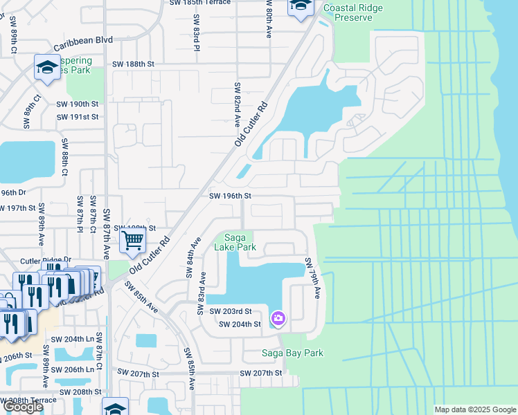 map of restaurants, bars, coffee shops, grocery stores, and more near 8021 Southwest 197th Terrace in Cutler Bay