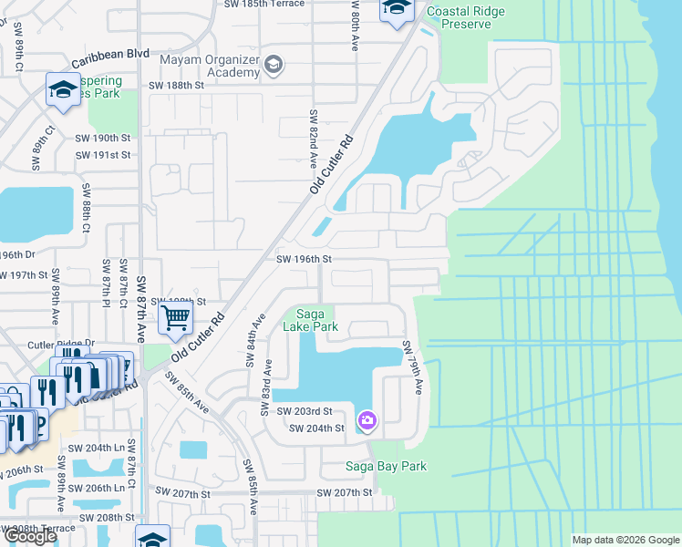 map of restaurants, bars, coffee shops, grocery stores, and more near 8021 Southwest 197th Terrace in Cutler Bay