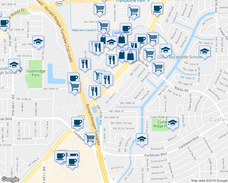 map of restaurants, bars, coffee shops, grocery stores, and more near 19713 Southwest 103rd Court in Cutler Bay