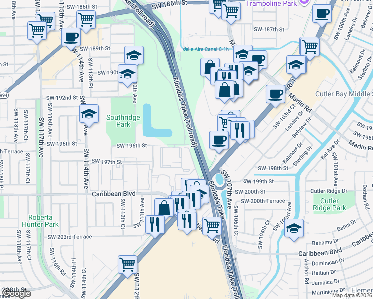 map of restaurants, bars, coffee shops, grocery stores, and more near 11040 Southwest 196th Street in Miami