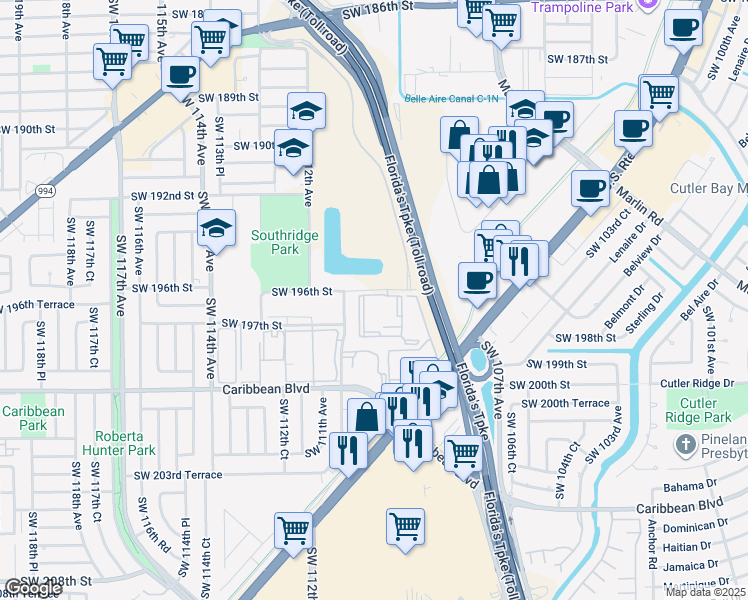 map of restaurants, bars, coffee shops, grocery stores, and more near 11020 Southwest 196th Street in Miami