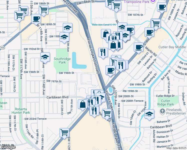 map of restaurants, bars, coffee shops, grocery stores, and more near 11040 Southwest 196th Street in Miami