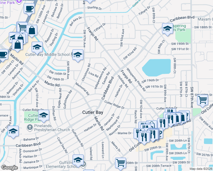 map of restaurants, bars, coffee shops, grocery stores, and more near 9440 Caribbean Boulevard in Cutler Bay