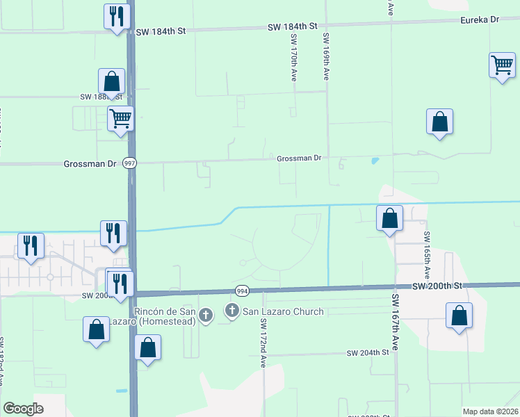 map of restaurants, bars, coffee shops, grocery stores, and more near 17101 Southwest 200th Street in Miami