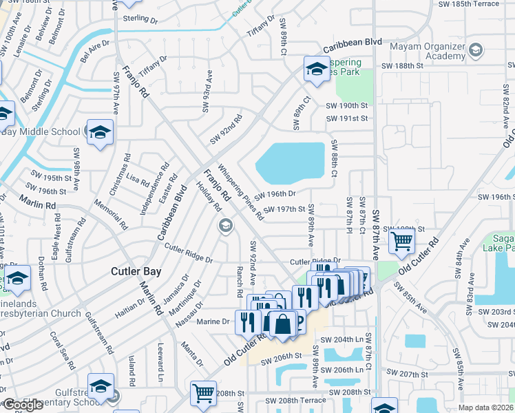 map of restaurants, bars, coffee shops, grocery stores, and more near 19711 Franjo Road in Cutler Bay