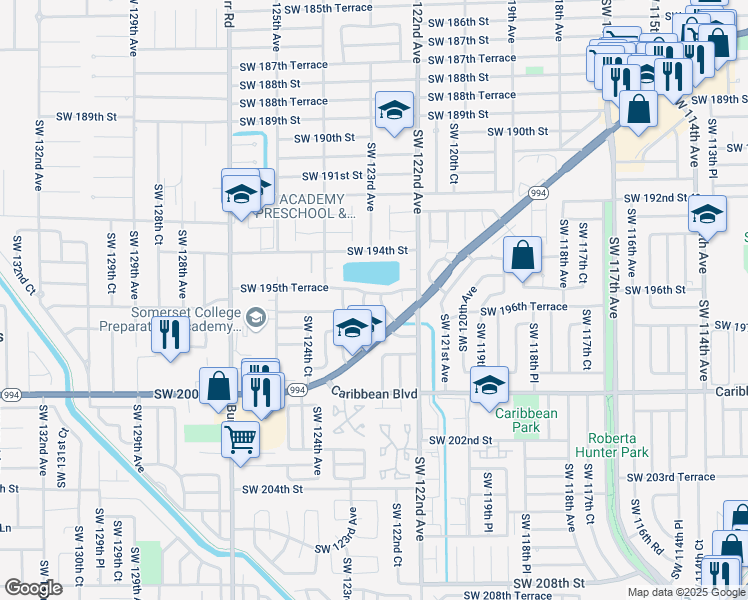 map of restaurants, bars, coffee shops, grocery stores, and more near 19633 Southwest 123rd Avenue in Miami