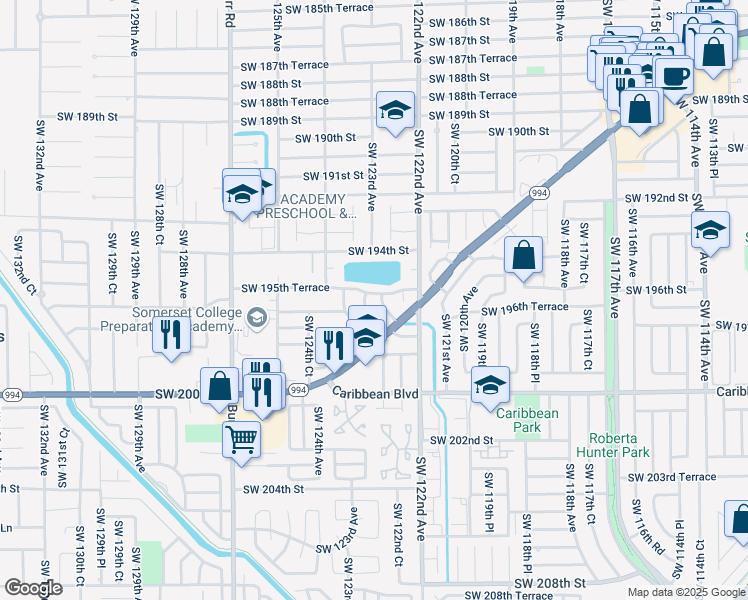 map of restaurants, bars, coffee shops, grocery stores, and more near 19633 Southwest 123rd Avenue in Miami