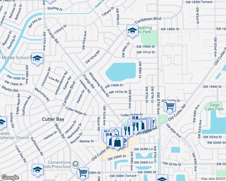 map of restaurants, bars, coffee shops, grocery stores, and more near 9030 Southwest 197th Street in Cutler Bay